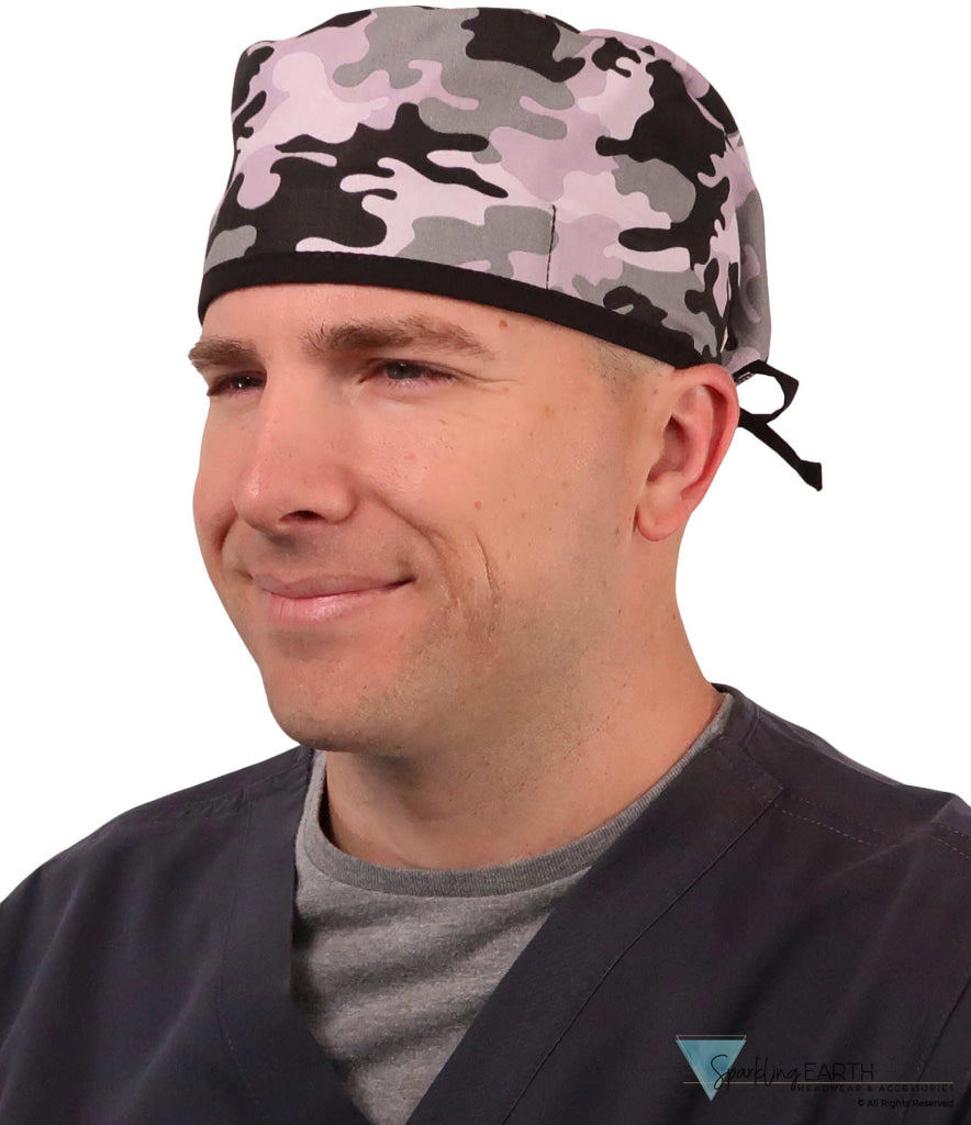 Classic Cotton Surgical Scrub Cap - American-Made with Sweatband - Kickin Camo Black & Grey with Black Ties