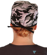 Classic Cotton Surgical Scrub Cap - American-Made with Sweatband - Kickin Camo Black & Grey with Black Ties