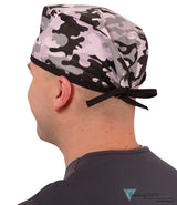 Classic Cotton Surgical Scrub Cap - American-Made with Sweatband - Kickin Camo Black & Grey with Black Ties