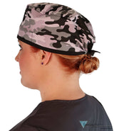 Classic Cotton Surgical Scrub Cap - American-Made with Sweatband - Kickin Camo Black & Grey with Black Ties
