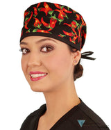Classic Cotton Surgical Scrub Cap American Made with Sweatband Mixed Chili Peppers on Black w/Black Ties Surgical Scrub