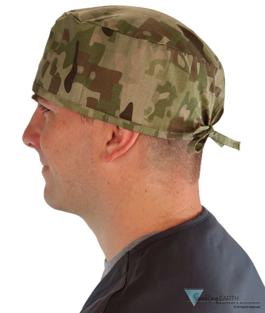 Side facing image of a man in scrubs wearing a Classic Surgical Scrub Cap in Multi Camo pattern.