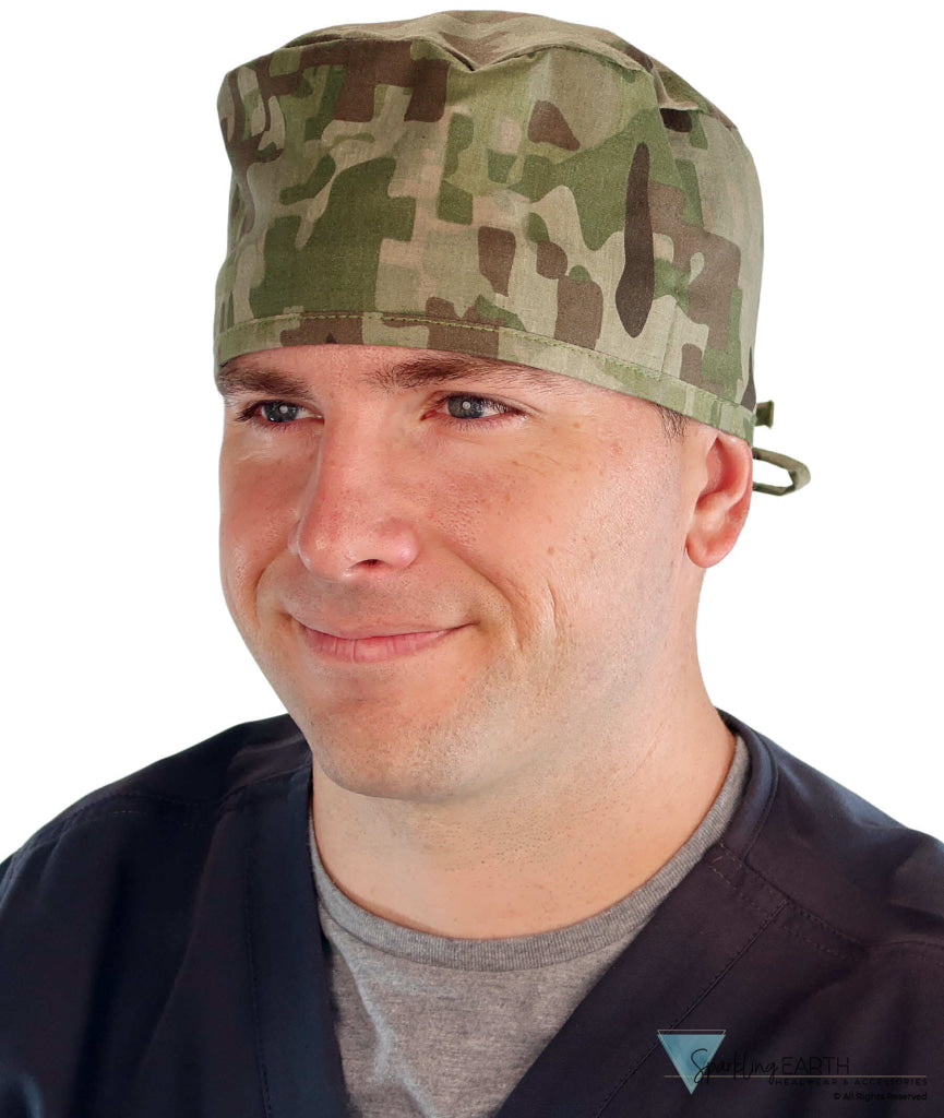 Front facing image of a man in scrubs wearing a Classic Surgical Scrub Cap in Multi Camo pattern.