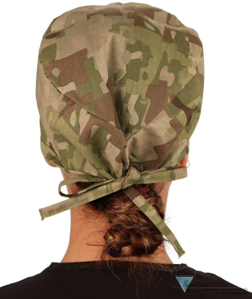 Back facing image of a woman in scrubs wearing a Classic Surgical Scrub Cap in Multi Camo pattern.