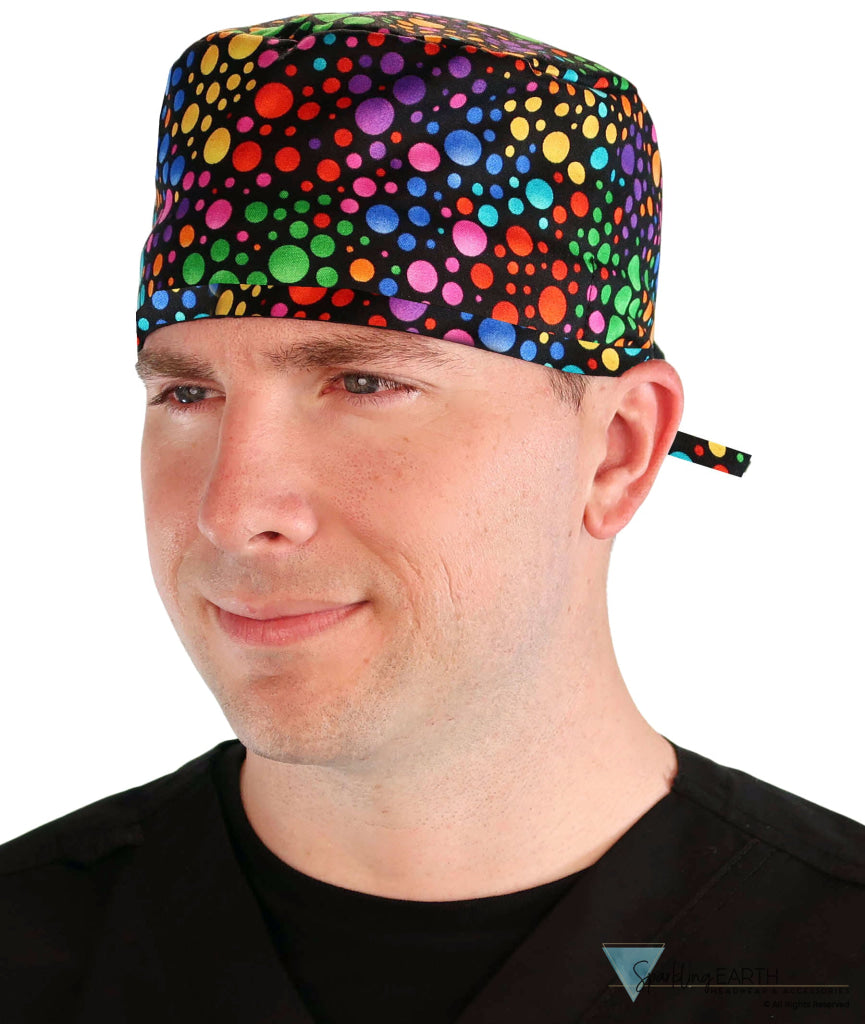 Front facing image of a man in scrubs wearing a Classic Surgical Scrub Cap in a Multi Dots pattern.