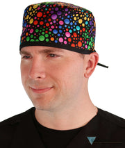 Classic Cotton Surgical Scrub Cap American Made with Sweatband Multi Color Dots with Black Ties Surgical Scrub Caps