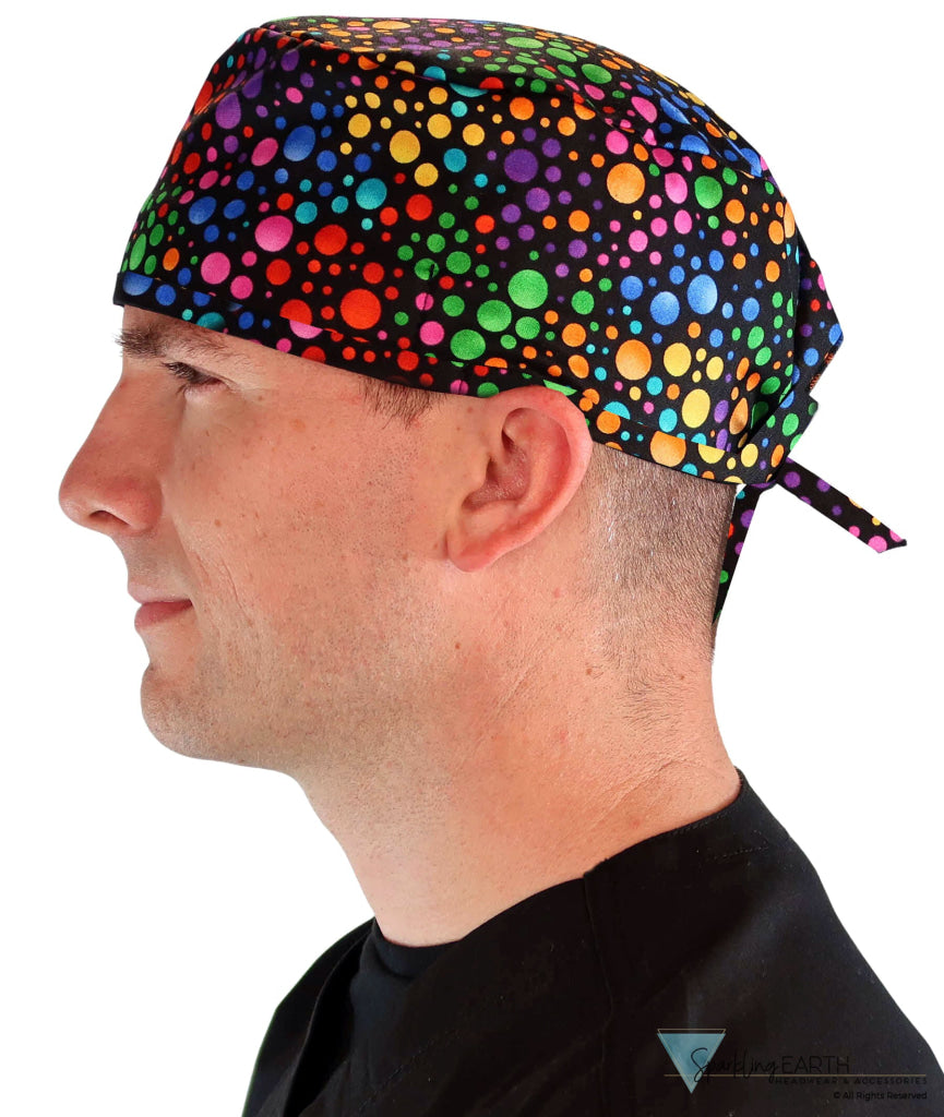 Classic Cotton Surgical Scrub Cap - American-Made with Sweatband - Multi Color Dots with Black Ties Classic Surgical