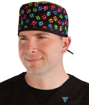 Classic Cotton Surgical Scrub Cap American Made with Sweatband Multi Color Paws with Black Ties Surgical Scrub Caps