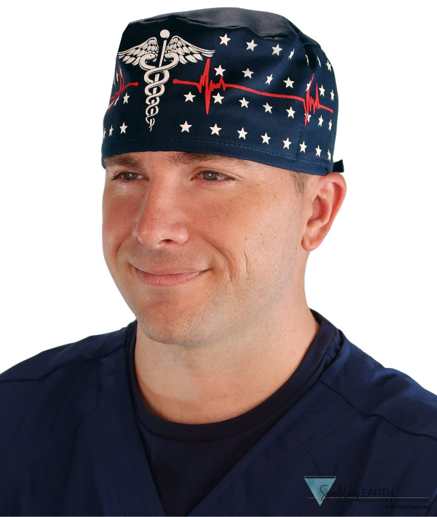 Classic Cotton Surgical Scrub Cap - American-Made with Sweatband - Patriotic Caduceus on Navy - Surgical Scrub Caps - Sparkling EARTH