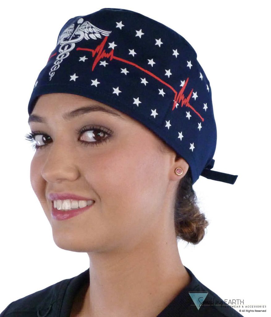 Classic Cotton Surgical Scrub Cap - American-Made with Sweatband - Patriotic Caduceus on Navy - Surgical Scrub Caps - Sparkling EARTH