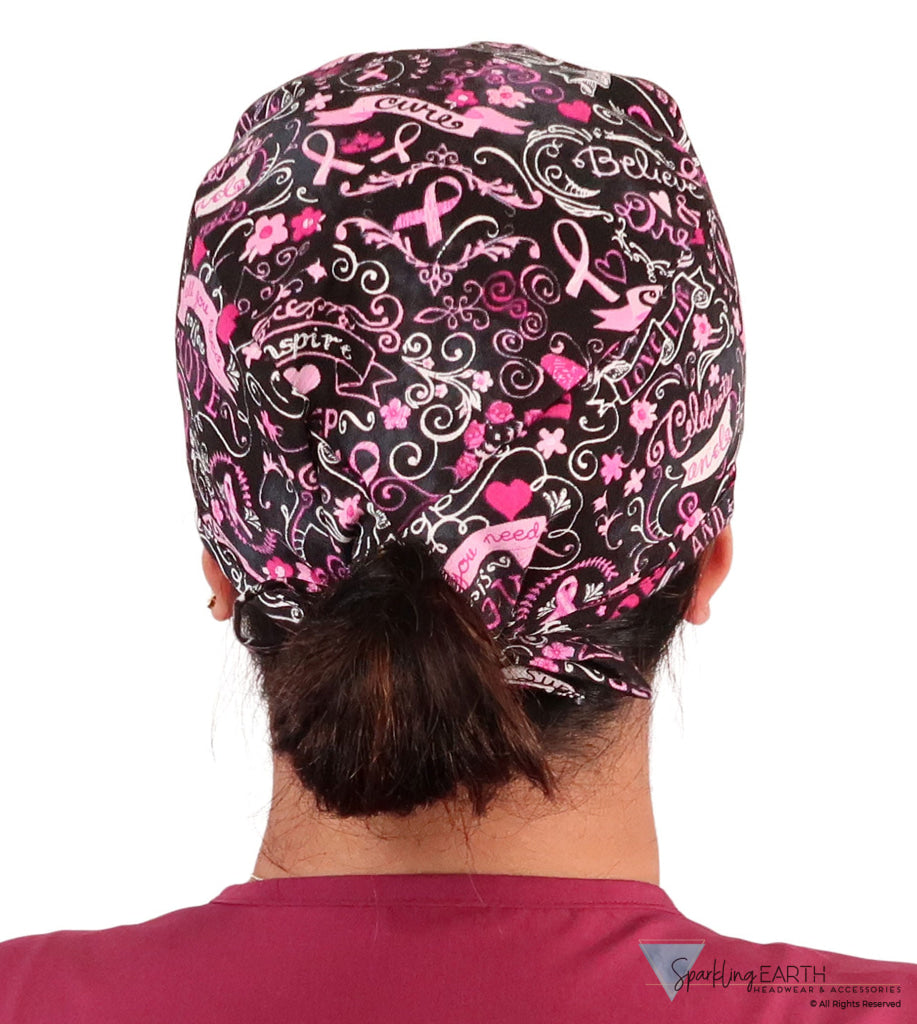 Back facing image of a woman in scrubs wearing a Classic Surgical Scrub Cap in a Pink Ribbon Collage on Black pattern.
