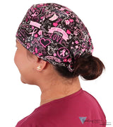 Classic Cotton Surgical Scrub Cap American Made with Sweatband Pink Ribbon Collage on Black Surgical Scrub Caps