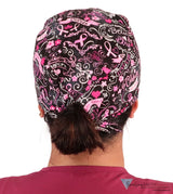 Classic Cotton Surgical Scrub Cap American Made with Sweatband Pink Ribbon Collage on Black Surgical Scrub Caps