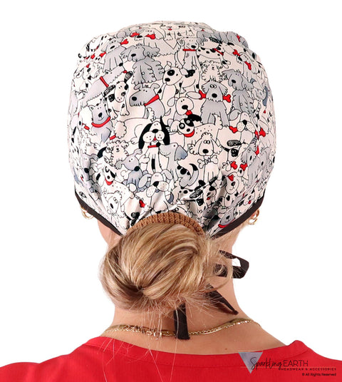 Classic Cotton Surgical Scrub Cap - American-Made with Sweatband - Playful Puppies with Black Ties Surgical Scrub Caps