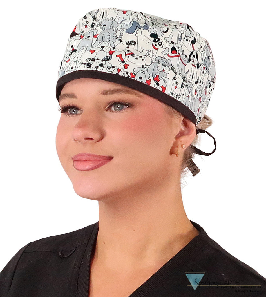 Classic Cotton Surgical Scrub Cap - American-Made with Sweatband - Playful Puppies (Dogs) with Black Ties Surgical