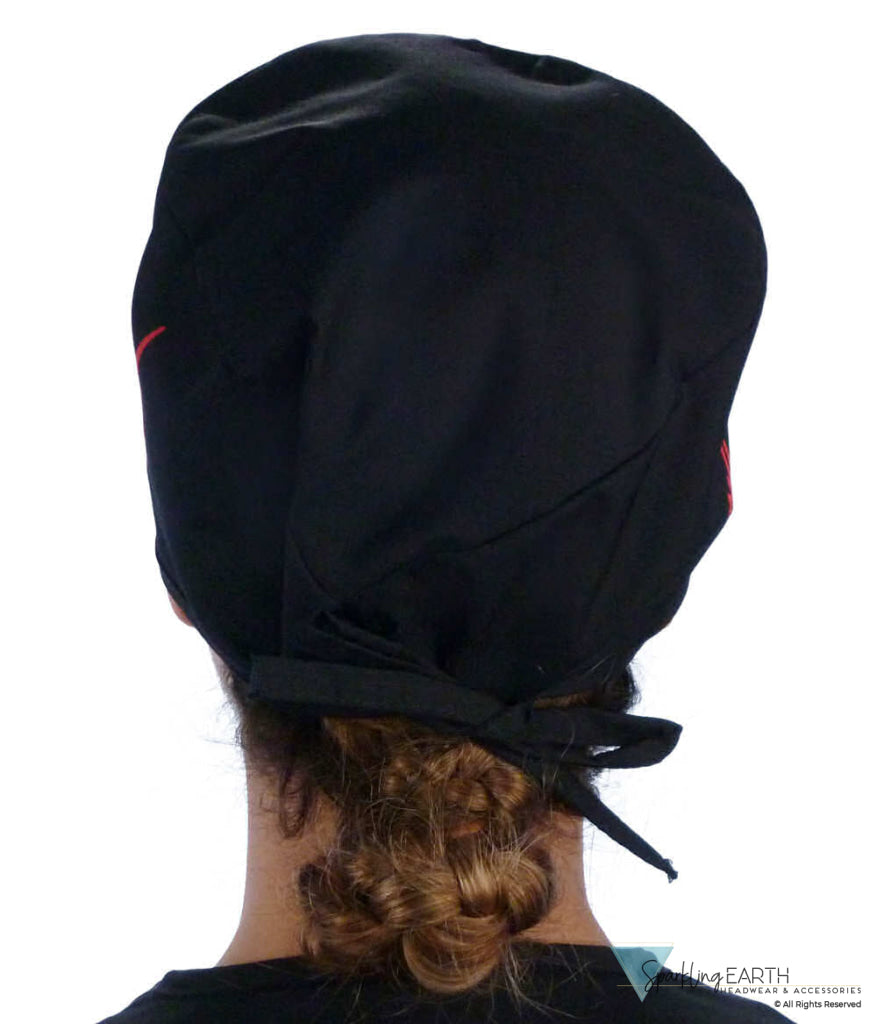 Back Facing View of a woman Wearing a Classic Cotton Surgical Scrub Cap - Red EKG (Heartbeat) on Black Pattern.