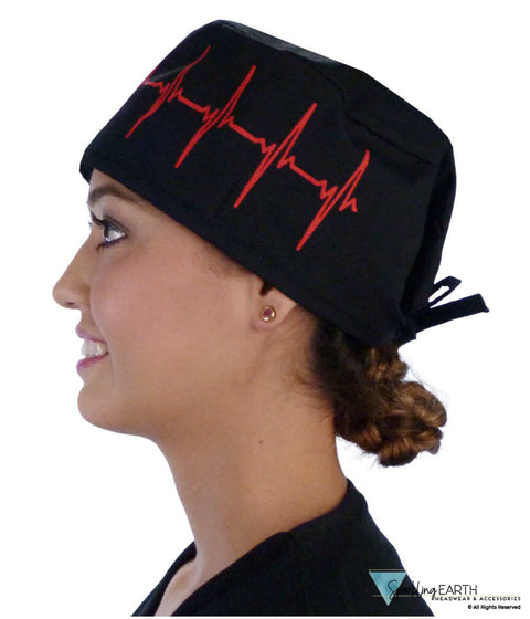Classic Cotton Surgical Scrub Cap - American-Made with Sweatband - Red EKG on Black Surgical Scrub Caps