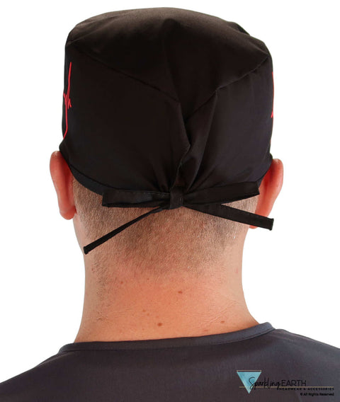 Classic Cotton Surgical Scrub Cap - American-Made with Sweatband - Red EKG on Black Surgical Scrub Caps