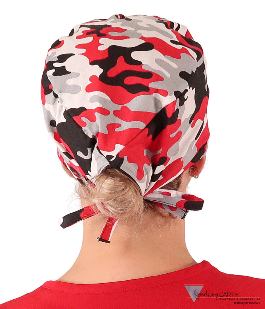 Classic Cotton Surgical Scrub Cap - American-Made with Sweatband - Red Grey Black & White Camouflage Classic Surgical