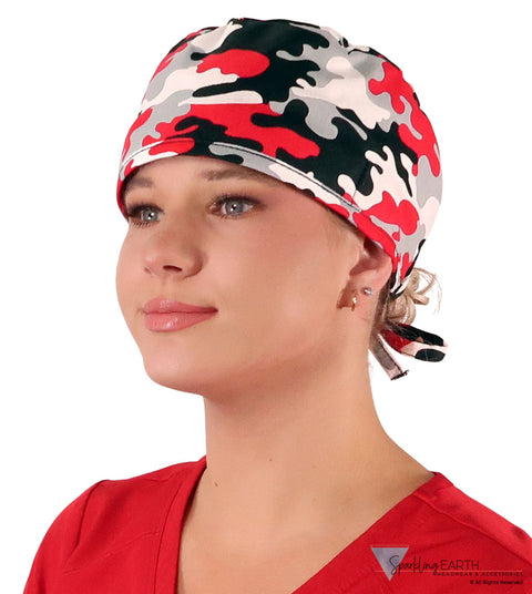 Classic Cotton Surgical Scrub Cap - American-Made with Sweatband - Red Grey Black & White Camouflage Classic Surgical