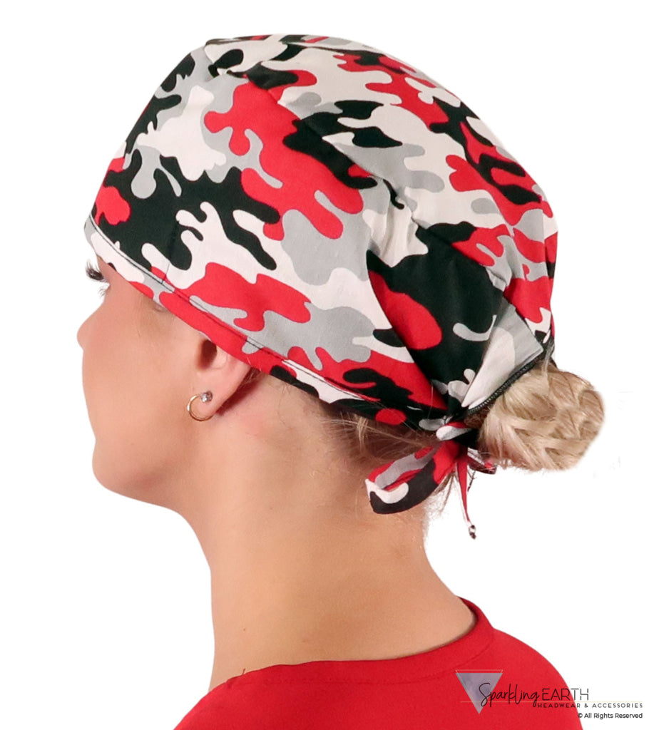 Classic Cotton Surgical Scrub Cap - American-Made with Sweatband - Red Grey Black & White Camouflage Classic Surgical