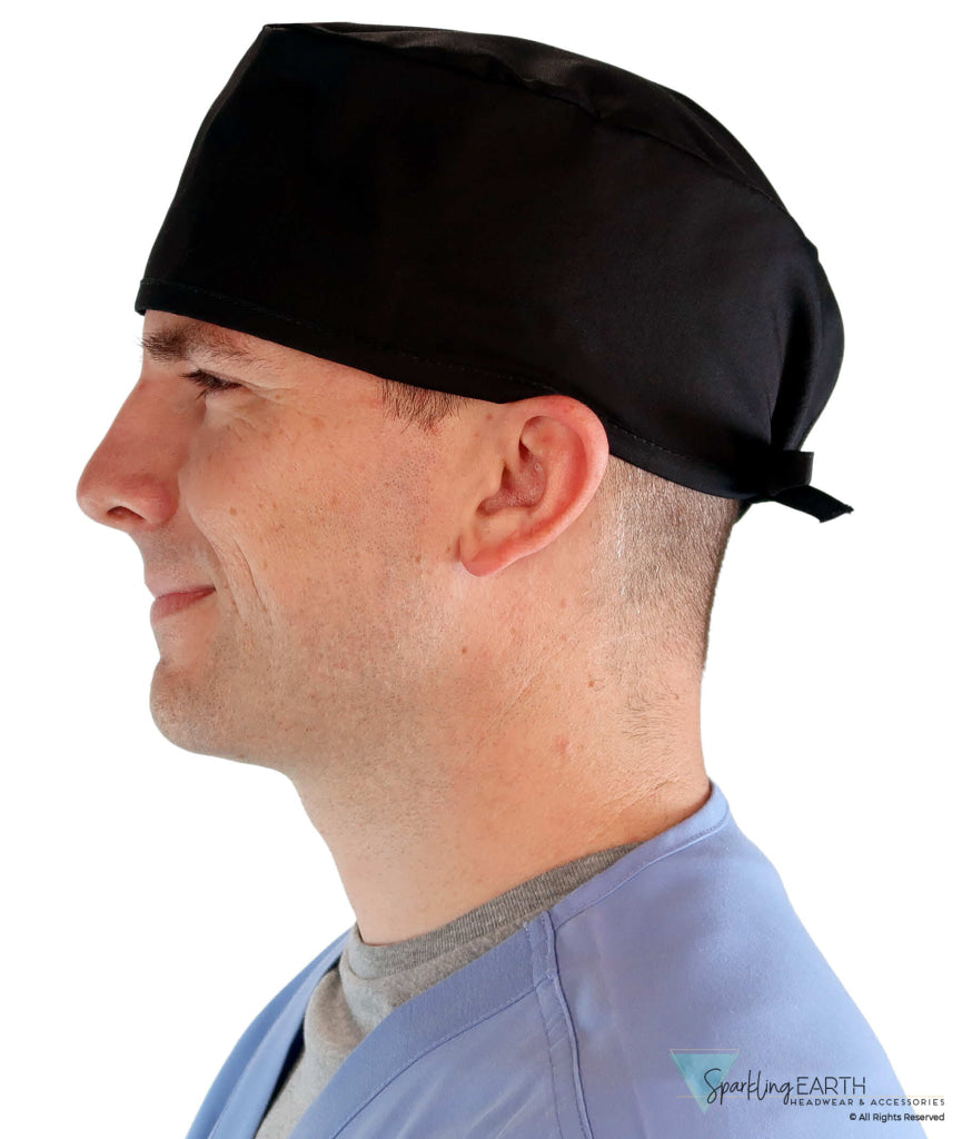 Side Facing View of a Man Wearing a Classic Cotton Surgical Scrub Cap - Black Scrub Cap