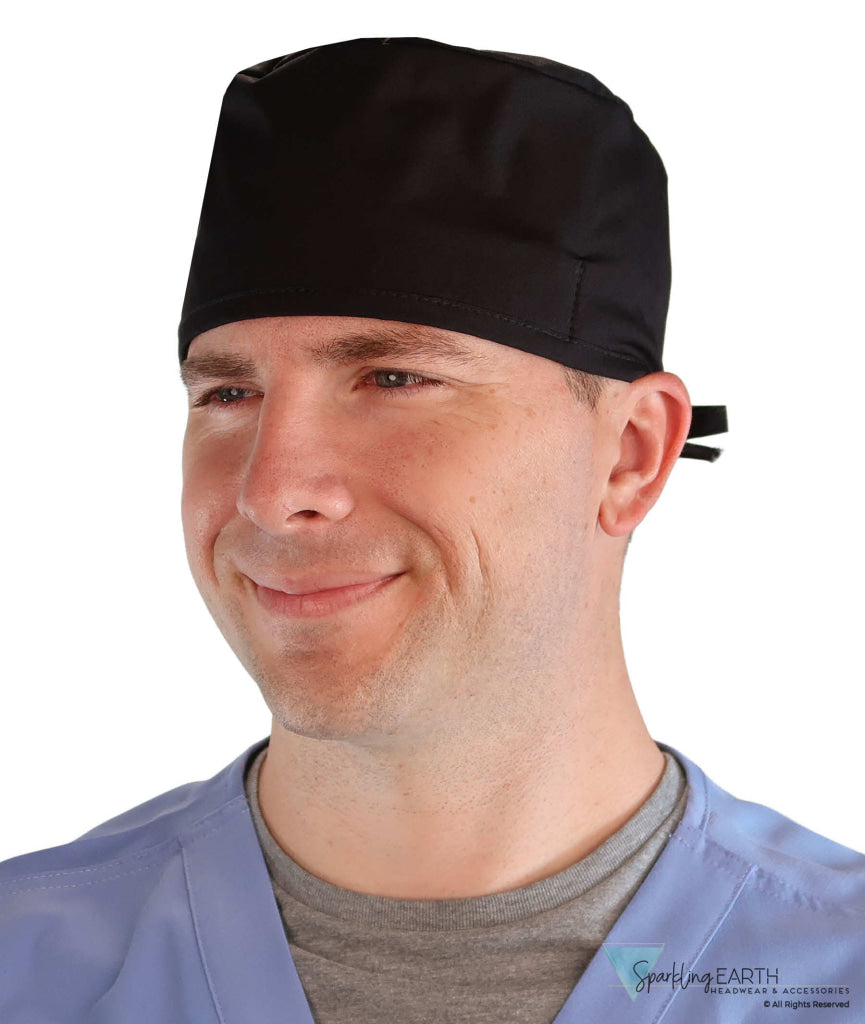 Front Facing View of a Man Wearing a Classic Cotton Surgical Scrub Cap - Black Scrub Cap