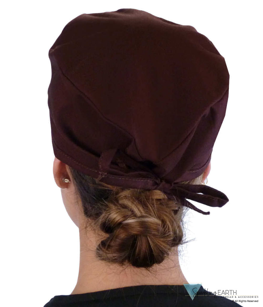 Back Facing View of a Woman Wearing a Classic Cotton Surgical Scrub Cap - Chocolate Brown Scrub Cap