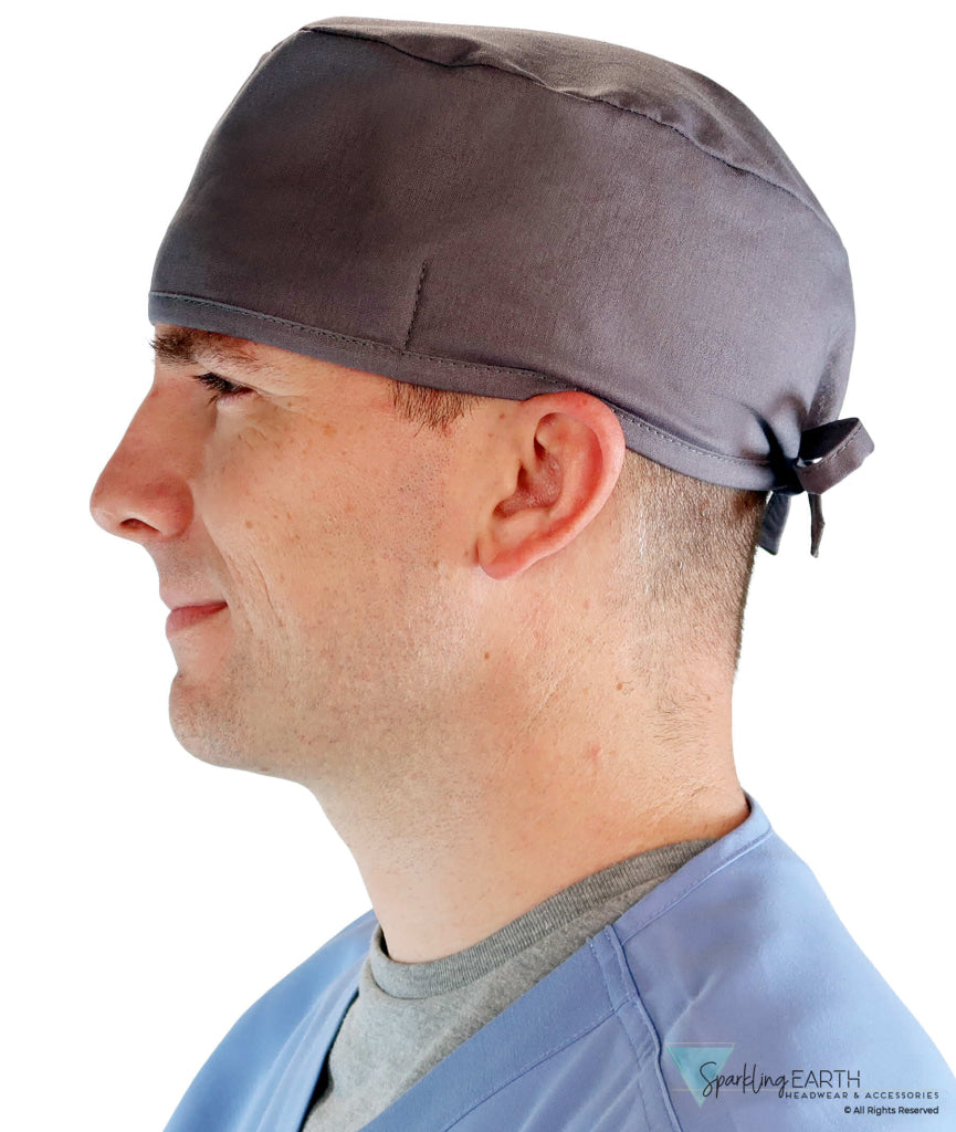 Side Facing View of a Man Wearing a Classic Cotton Surgical Scrub Cap - Solid Grey Scrub Cap