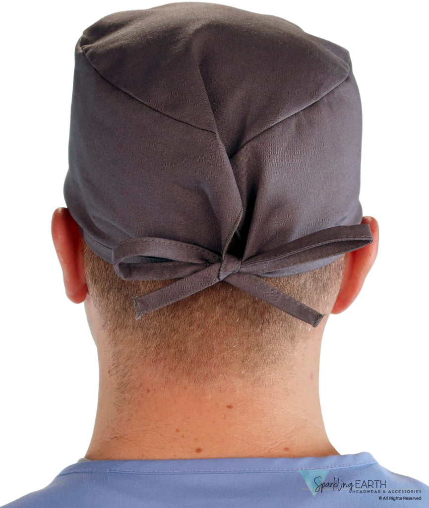 Back Facing View of a Man Wearing a Classic Cotton Surgical Scrub Cap - Solid Grey Scrub Cap