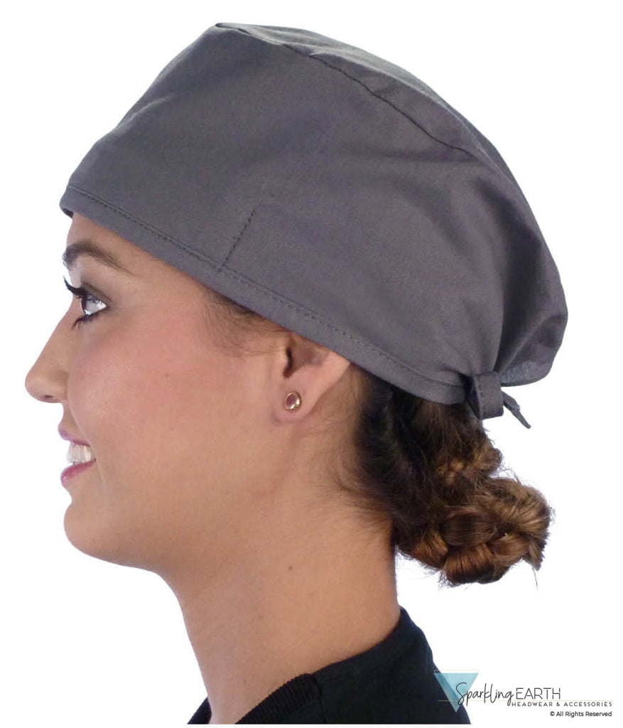 Side Facing View of a Woman Wearing a Classic Cotton Surgical Scrub Cap - Solid Grey Scrub Cap