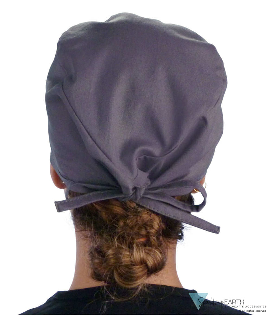 Back Facing View of a Woman Wearing a Classic Cotton Surgical Scrub Cap - Solid Grey Scrub Cap