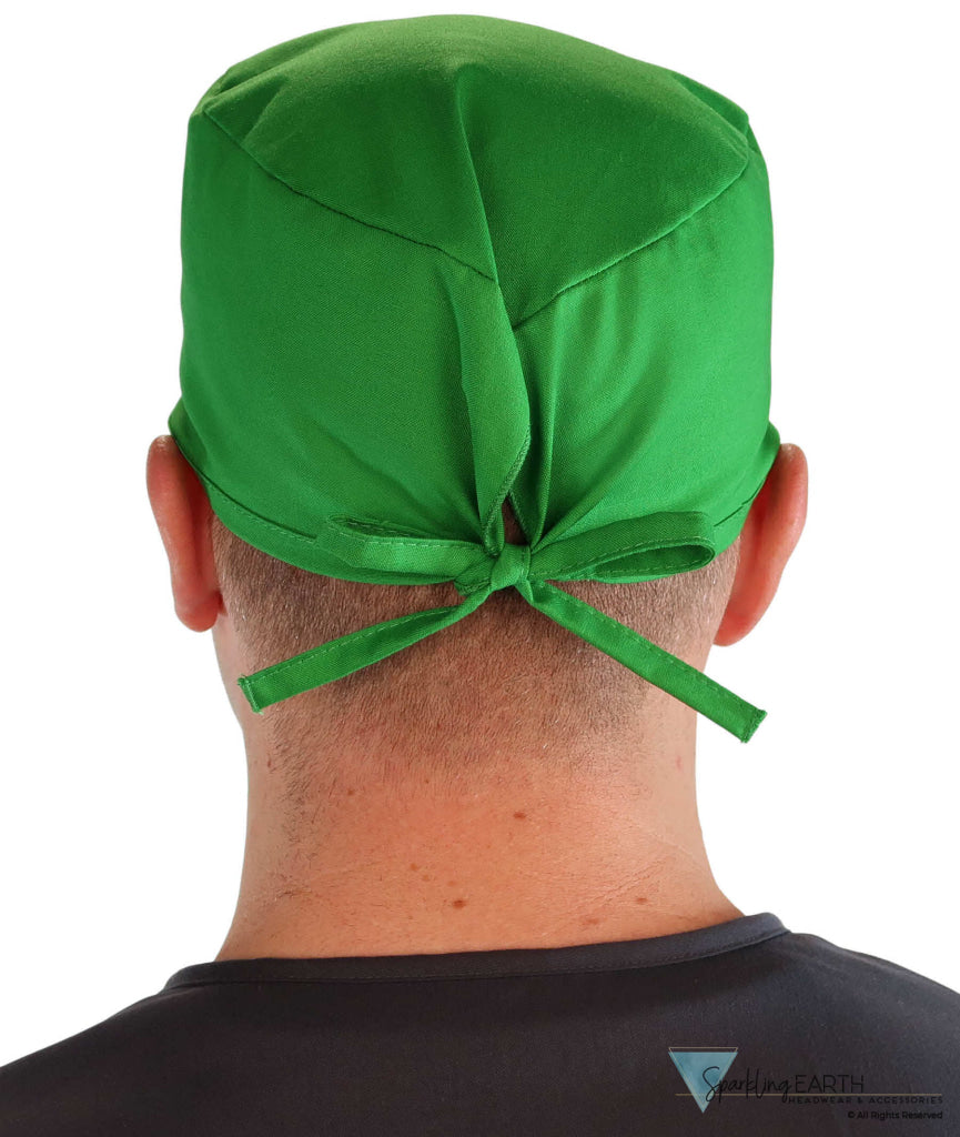 Back Facing View of a Man Wearing a Classic Cotton Surgical Scrub Cap - Kelly Green Scrub Cap