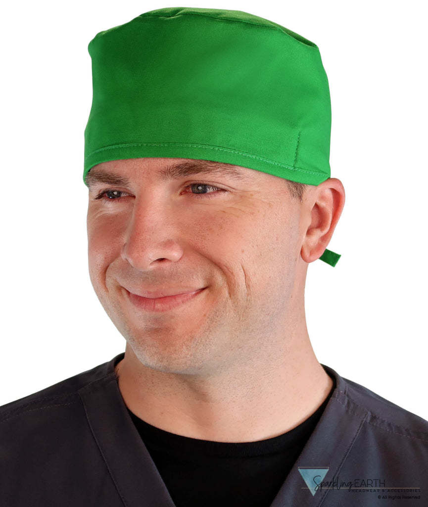Front Facing View of a Man Wearing a Classic Cotton Surgical Scrub Cap - Kelly Green Scrub Cap