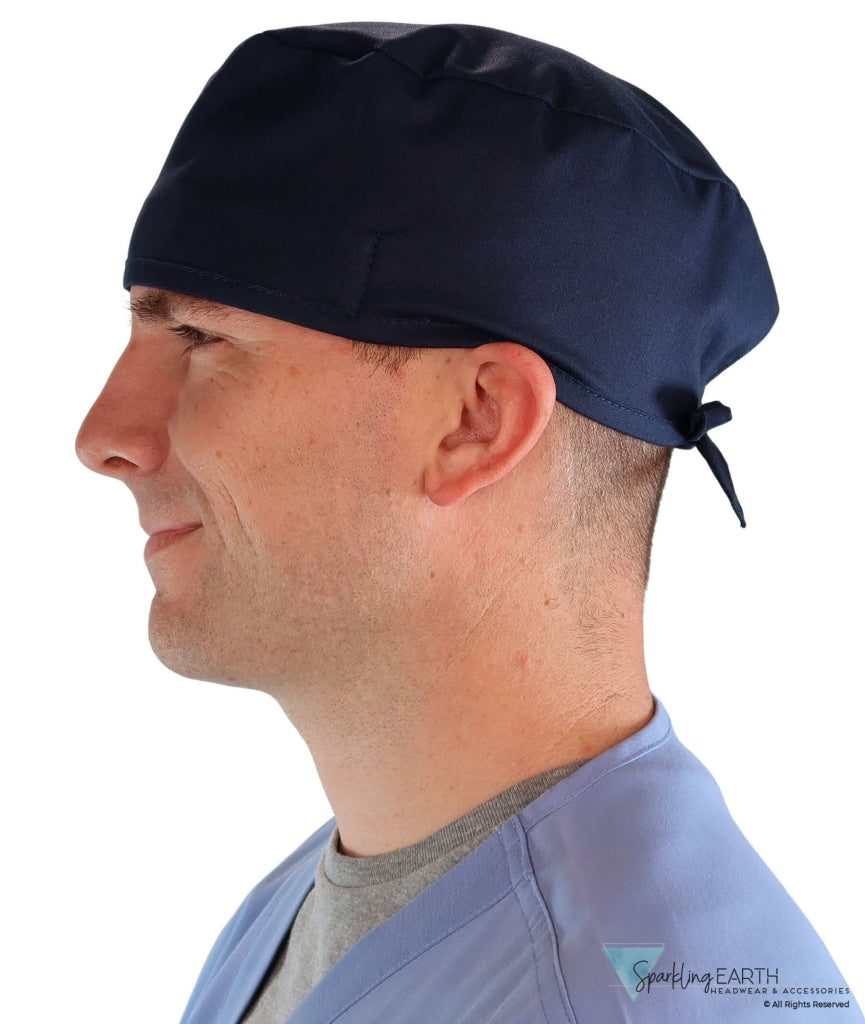 Side Facing View of a Man Wearing a Classic Cotton Surgical Scrub Cap - Navy Scrub Cap