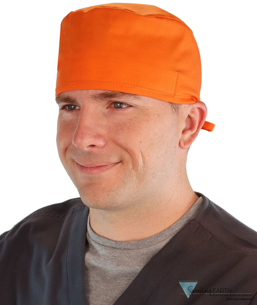 Front Facing View of a Man Wearing a Classic Cotton Surgical Scrub Cap - Solid Orange Scrub Cap