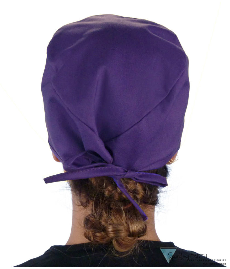 Back Facing View of a Woman Wearing a Classic Cotton Surgical Scrub Cap - Purple Scrub Cap