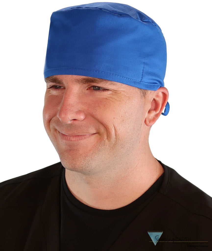 Front Facing View of a Man Wearing a Classic Cotton Surgical Scrub Cap - Royal Scrub Cap