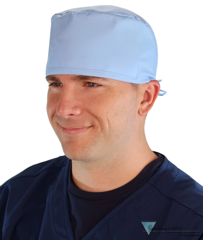Front Facing View of a Man Wearing a Classic Cotton Surgical Scrub Cap - Solid Sky Light Scrub Cap