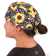 Classic Cotton Surgical Scrub Cap American Made with Sweatband Sunflowers on Black Surgical Scrub Caps
