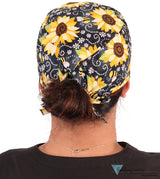 Classic Cotton Surgical Scrub Cap American Made with Sweatband Sunflowers on Black Surgical Scrub Caps