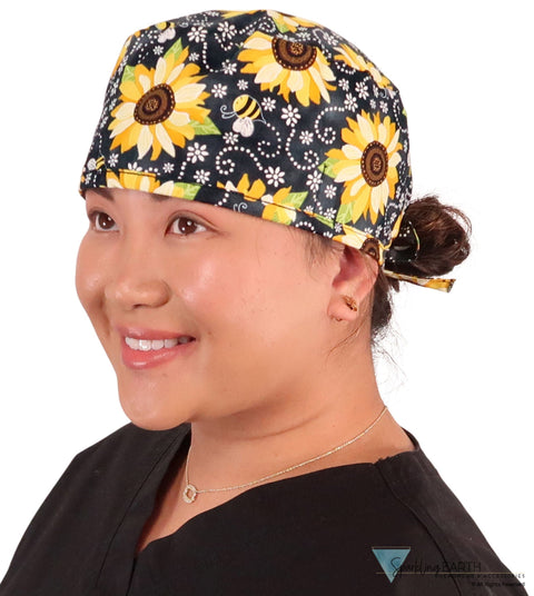 Classic Cotton Surgical Scrub Cap American Made with Sweatband Sunflowers on Black Surgical Scrub Caps