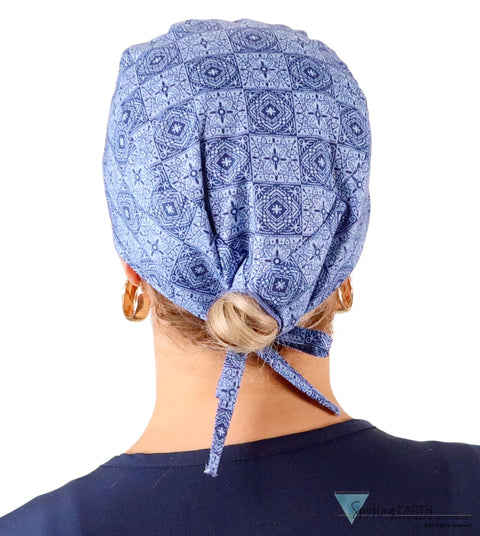 Classic Cotton Surgical Scrub Cap American-Made with Sweatband - Tuscan Blue Tiles Surgical Scrub Caps