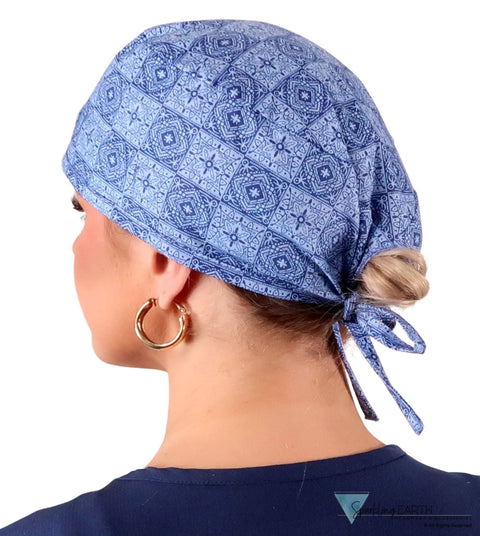 Classic Cotton Surgical Scrub Cap American-Made with Sweatband - Tuscan Blue Tiles Surgical Scrub Caps