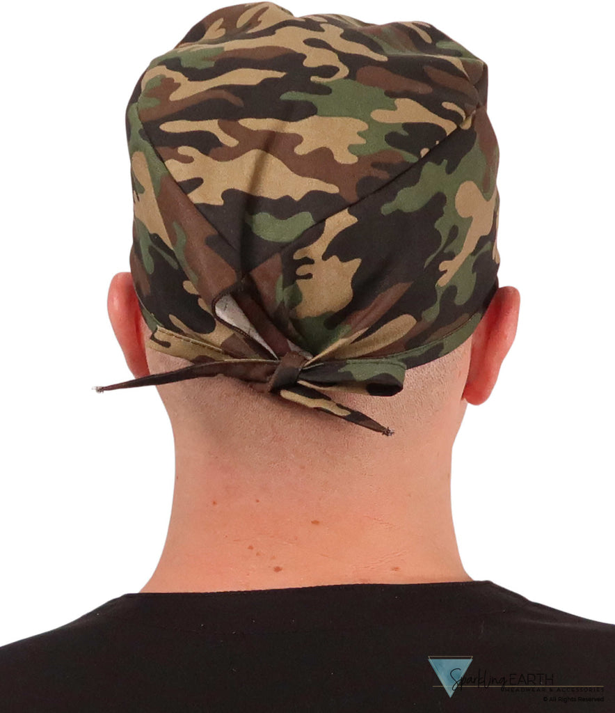 Back Facing View of a Man Wearing a Classic Cotton Surgical Scrub Cap - Woodland Camo Pattern