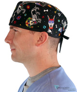 Classic Cotton Surgical Scrub Cap American Made with Sweatband X Ray Dogs with Black Ties Surgical Scrub Caps