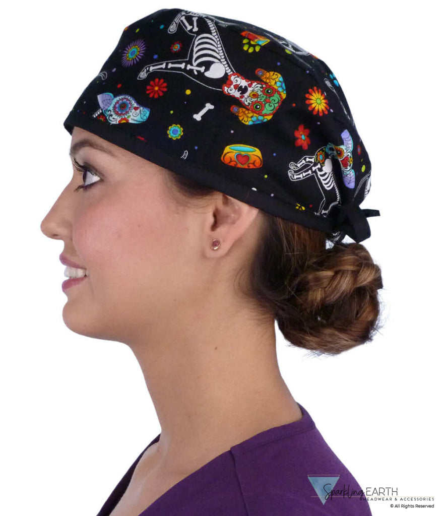 Side facing image of a woman in scrubs wearing a Classic Surgical Scrub Cap in a X Ray Dogs with black ties pattern.