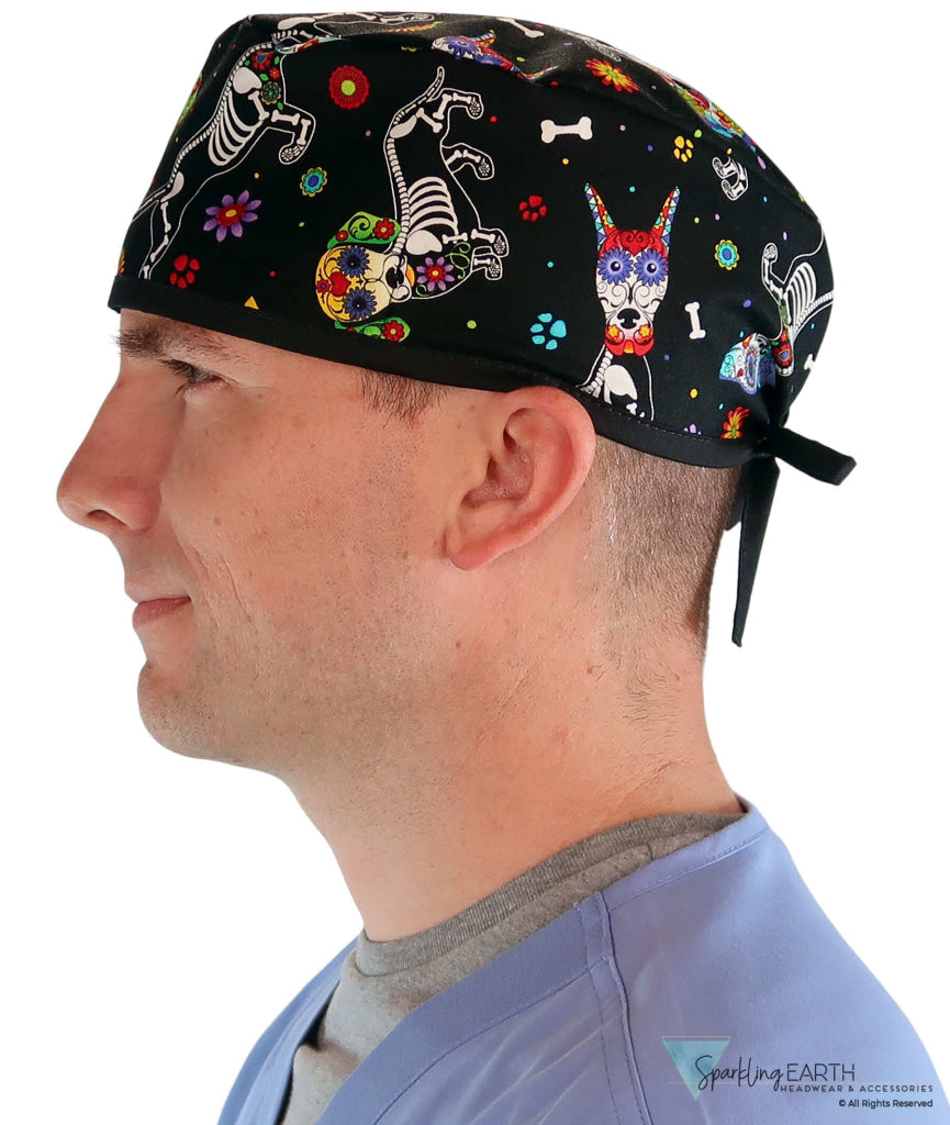 Side facing image of a man in scrubs wearing a Classic Surgical Scrub Cap in a X Ray Dogs with black ties pattern.