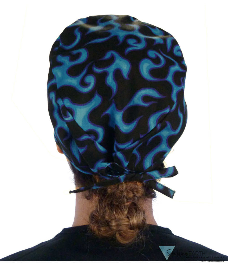 Classic Cotton Surgical Scrub Cap - American-Made with Sweatband - Blue Liquid Flames on Black Surgical Scrub Caps