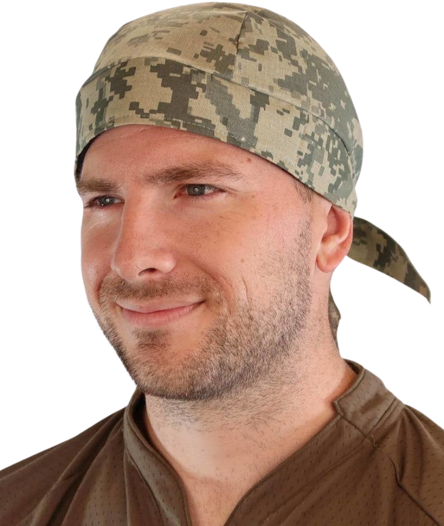 Man wearing a camouflage head wrap on a white background